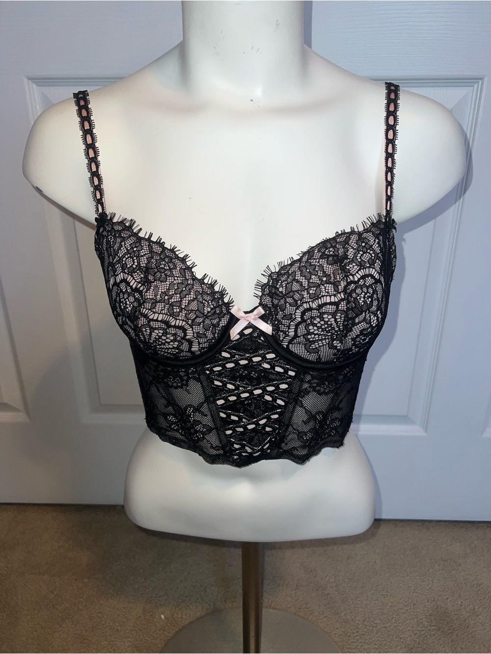 Victoria's Secret Size Small Black Lace Corset with Pink Detailing and Bow